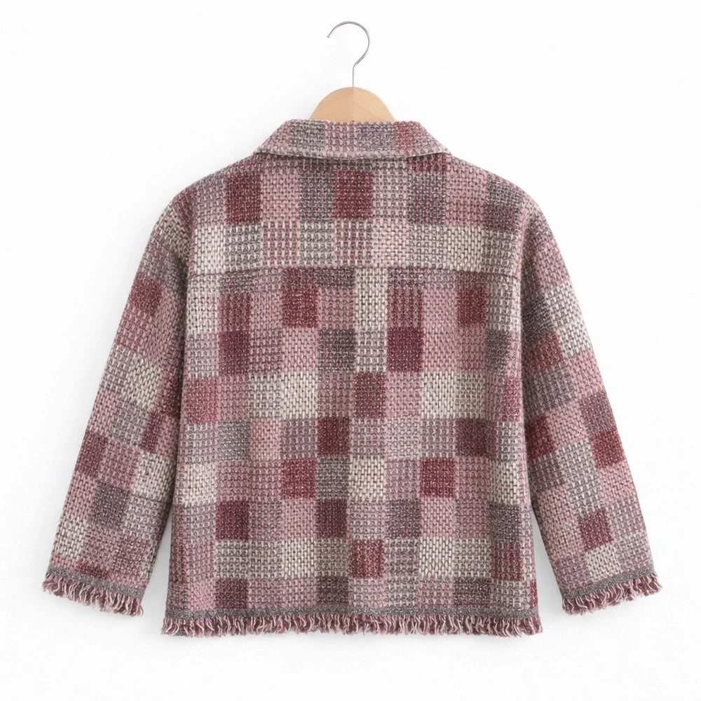 ZARA Pink Metallic Tweed Knit Shacket Jacket Check Frayed Trim Boxy S/M - Picture 4 of 9